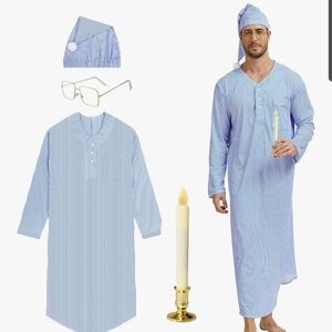 Men's Light Blue Striped Nightshirt with Cap